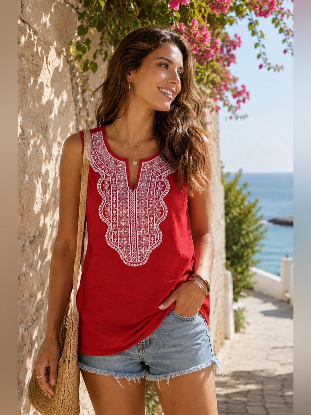 Talbots Red Embroidered Sleeveless Cotton Top | Size Medium | Boho